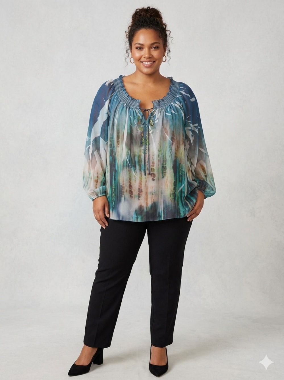 B.L.E.U. Woman Plus Size 1X Sheer Boho Blouse Rhinestone Embellished Made in USA